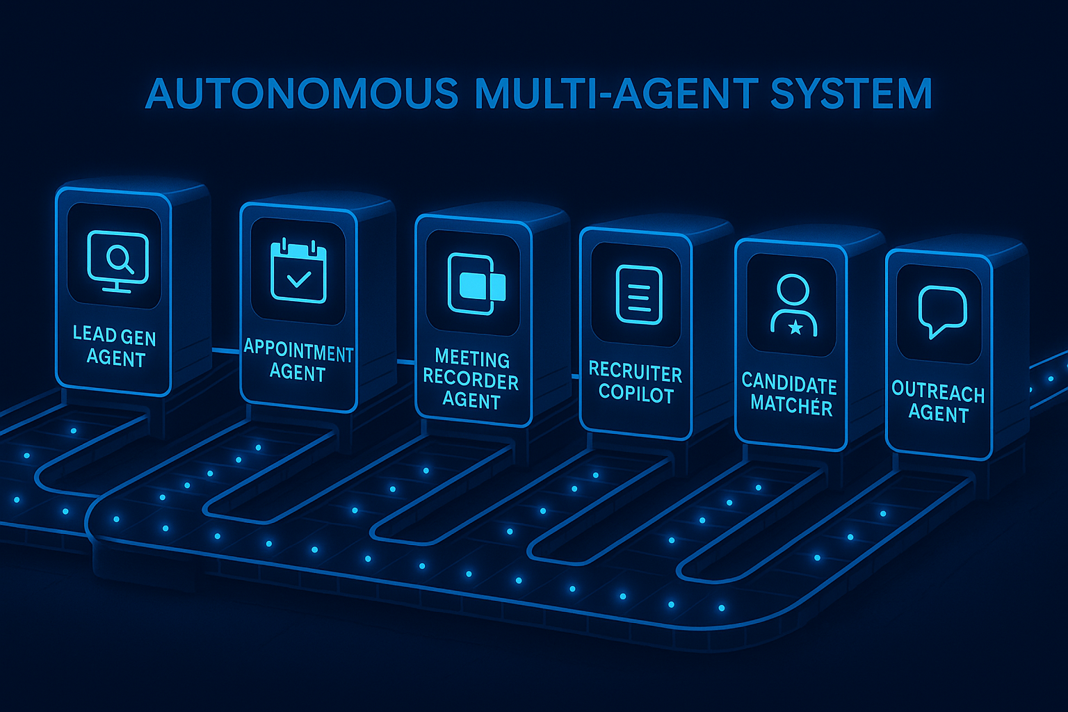 RVO Multi-Agent Framework - Autonomous system showing Lead Gen Agent, Appointment Agent, Meeting Recorder Agent, Recruiter Copilot, Candidate Matcher, and Outreach Agent